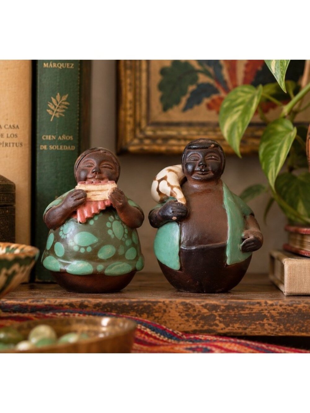 Vintage Peruvian Chulucanas Pottery Figurines Set of 2 Folk Art Artist Signed